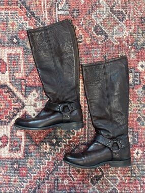 Frye Dark Brown Harness Knee-High Leather Boots